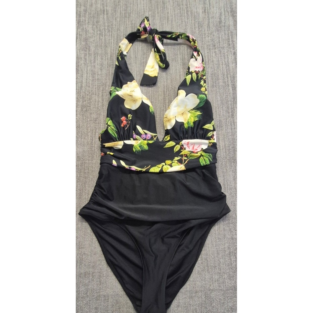 CUPSHE womens XL floral halter one piece swimsuit black plunge padded ruched